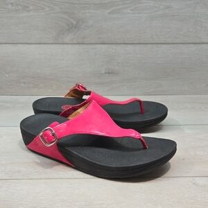 Fitflop Women  Pink & Black Sandals Wedge Thong T Strap Shoes Sz 10